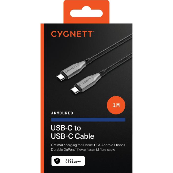Black Cygnett Armoured Kevlar 100w Type C to C Fast Charging Data Cable packaging on a white background
