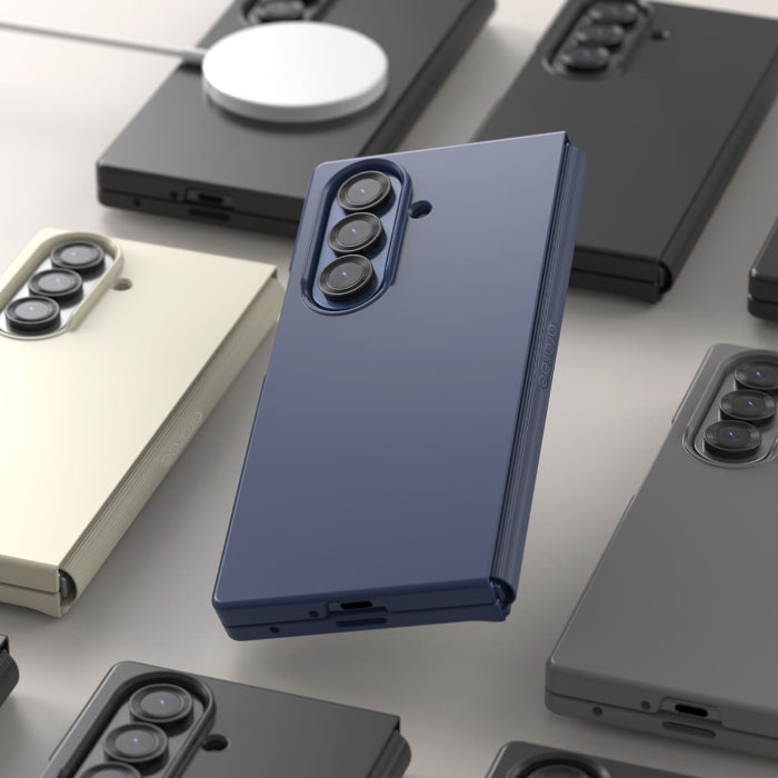 Navy Blue Araree Aero Flex Magnetic Case for Samsung Galaxy Z Fold 7 (2025) with other colors of phone cases in the background on a light gray surface
