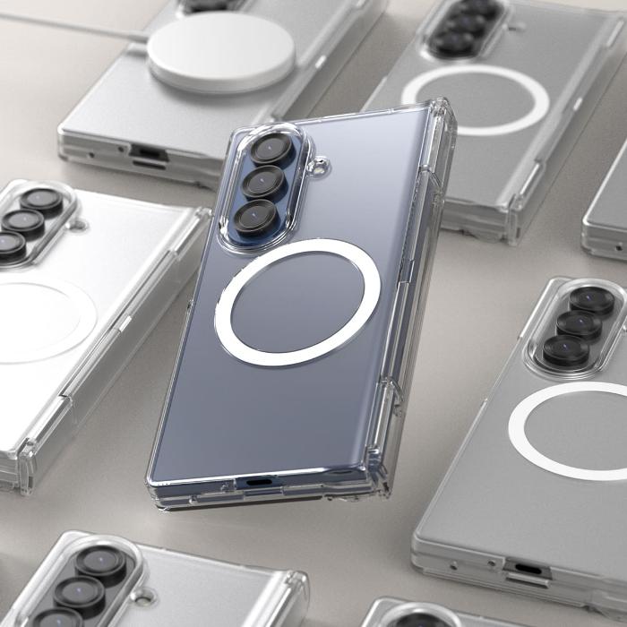 Multiple phone cases with a central phone model Clear Araree Nukin 360 Magnetic Case for Samsung Galaxy Z Fold 7 (2025) on a light gray surface
