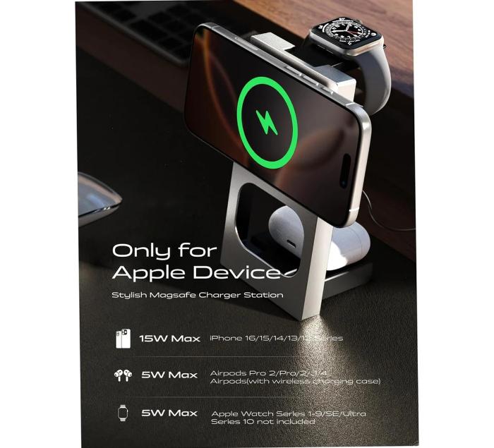 Stylish Titanium Gold LISEN W104 3-in-1 Qi2 15W Magnetic Wireless Charger for Apple devices on a dark surface.