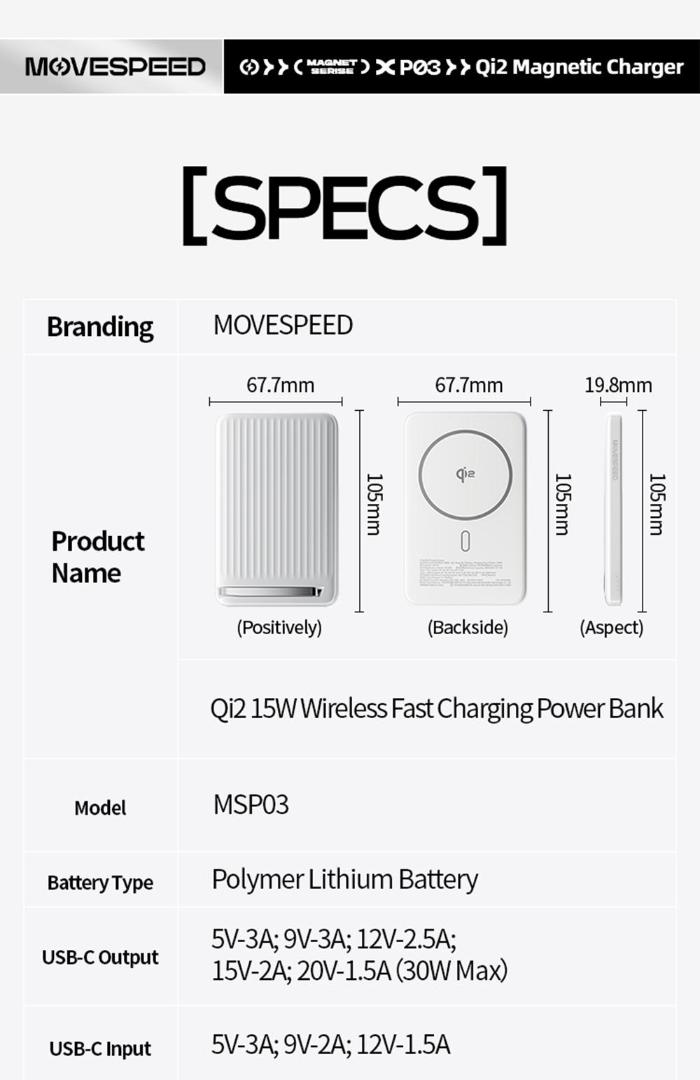 MOVESPEED P03 Qi2 Magnetic Power Bank 10000mAh 15W Wireless Portable Charger with Stand