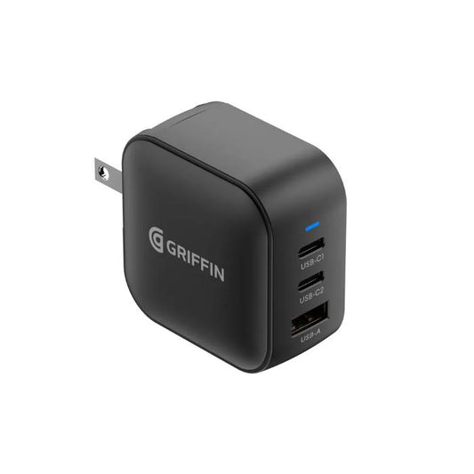 Black GRIFFIN PowerBlock 70w GaN PD3.0 Fast Charging Wall Charger on a white background
