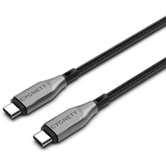 Black Cygnett Armoured Kevlar 100w Type C to C Fast Charging Data Cable on a white background