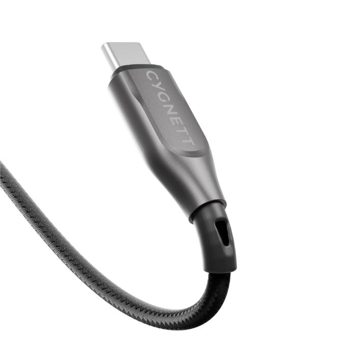 Black Cygnett Armoured Kevlar 100w Type C to C Fast Charging Data Cable on a white background