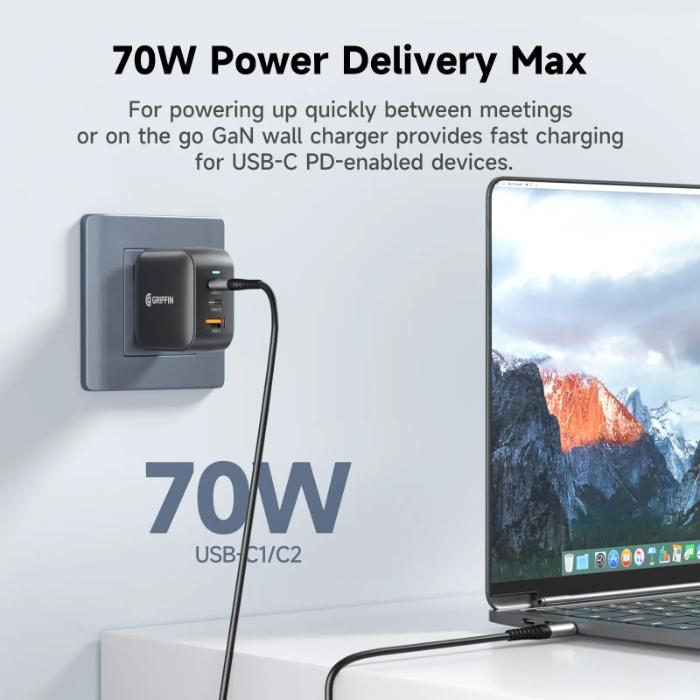 Black GRIFFIN PowerBlock 70w GaN PD3.0 Fast Charging Wall Charger with 70W power delivery max capability, connected to a laptop.