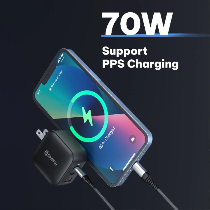 Phone being charged with a Black GRIFFIN PowerBlock 70w GaN PD3.0 Fast Charging Wall Charger, displaying '70W Support PPS Charging' on a dark background.