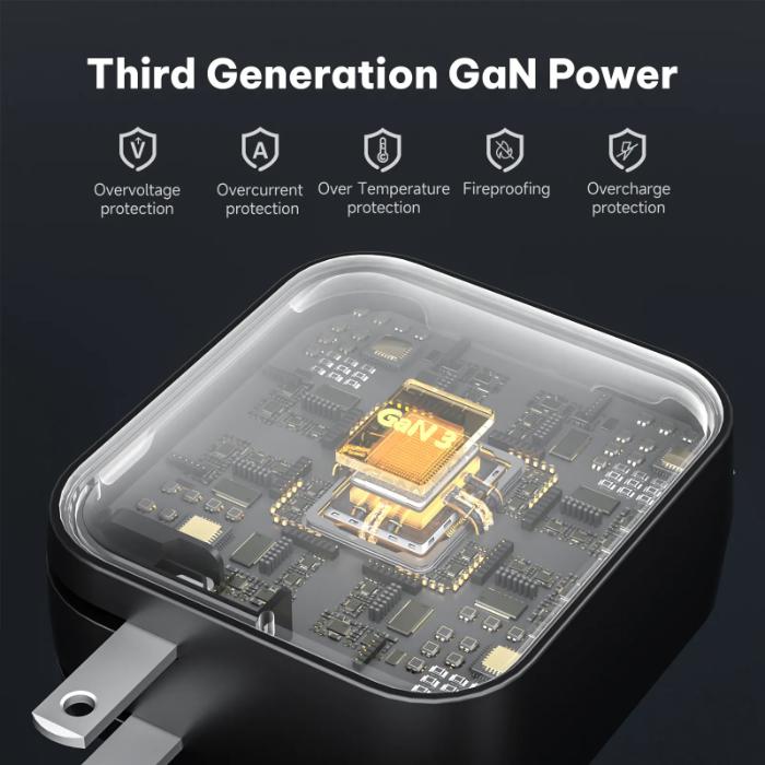 Black GRIFFIN PowerBlock 70w GaN PD3.0 Fast Charging Wall Charger Third Generation GaN Power with visible internal components on a dark background