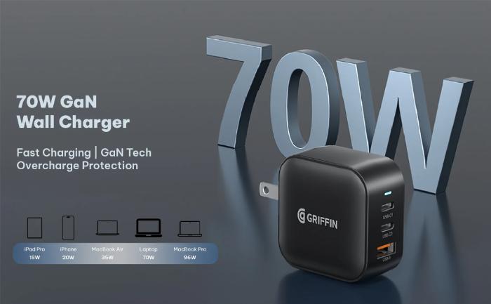 Black GRIFFIN PowerBlock 70w GaN PD3.0 Fast Charging Wall Charger on a dark background