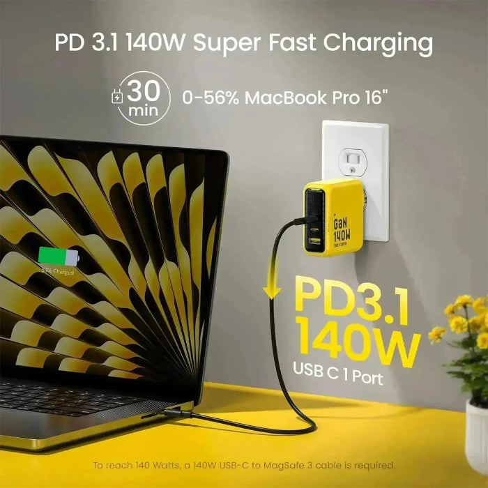 Yellow AOHI The Youth PD140W PD3.1 GaN 3-Port Fast Charger with laptop and text about PD 3.1 140W charging speed.