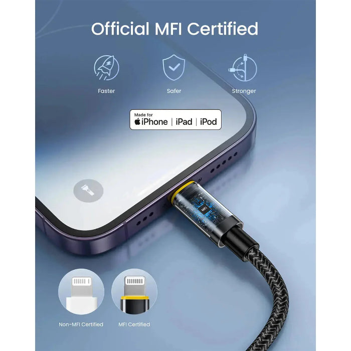 Phone cable with MFI certification logo on a blue background