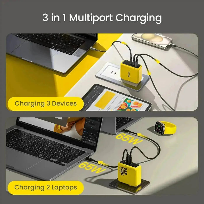 Yellow AOHI The Youth PD140W PD3.1 GaN 3-Port Fast Charger charging multiple devices on a desk.
