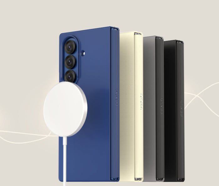 Three Araree Aero Flex Magnetic Case for Samsung Galaxy Z Fold 7 (2025) in blue, beige, and black on a light gray background