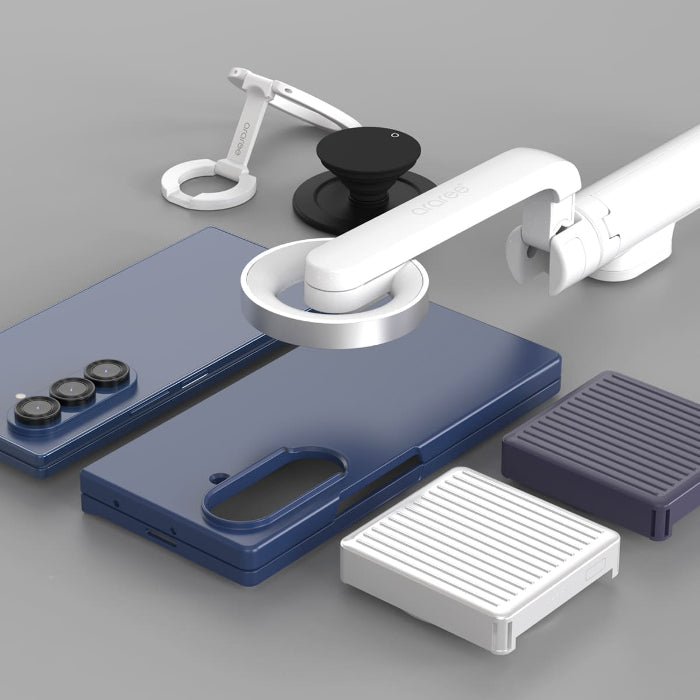 Set of phone accessories including Araree Aero Flex Magnetic Case for Samsung Galaxy Z Fold 7 (2025) on a gray background