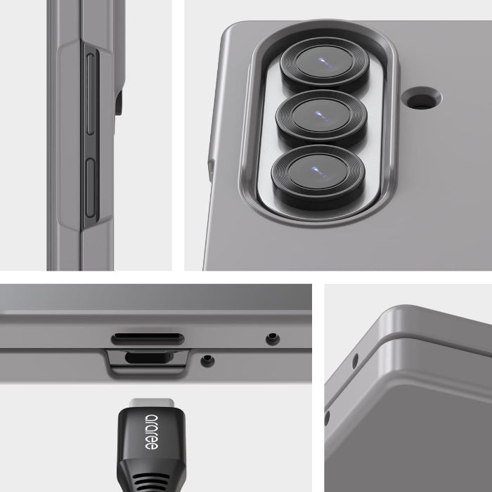 Collage of Araree Aero Flex Magnetic Case for Samsung Galaxy Z Fold 7 (2025) features including camera module, charging port, and side view.