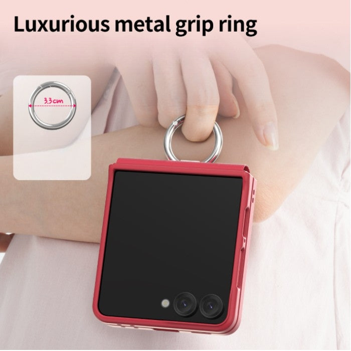 Pink Araree Aero Flex R Case for Samsung Galaxy Z Flip 7 (2025)  with metal grip ring held by a hand, close-up view.