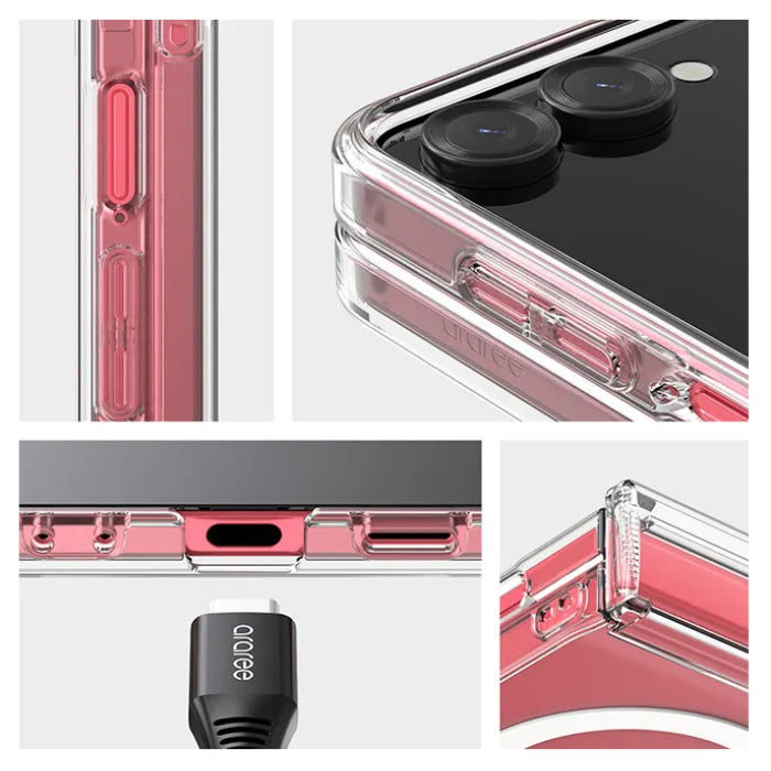 Collage of photos showing different angles of the Clear Araree Duple 360 Magnetic Case for Samsung Galaxy Z Flip 7 (2025) on a white background