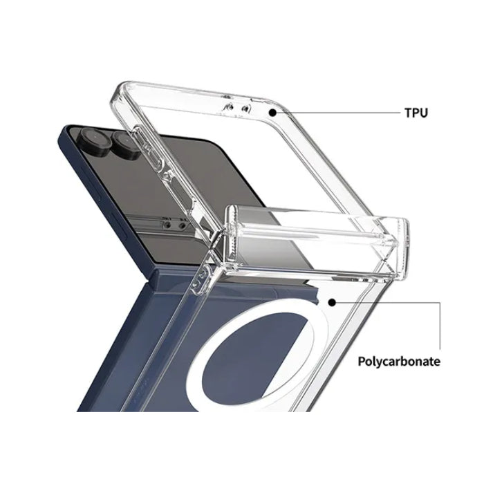 Clear Araree Duple 360 Magnetic Case for Samsung Galaxy Z Flip 7 (2025) with TPU and polycarbonate materials labeled on a white background