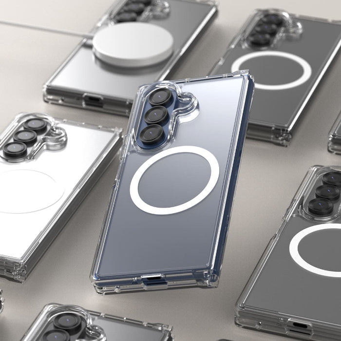 Clear Araree Duple M Magnetic Case for Samsung Galaxy Z Fold 7 (2025) with camera lens protector on a light gray surface