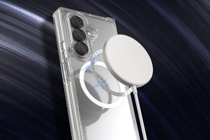 Clear Araree Duple M Magnetic Case for Samsung Galaxy Z Fold 7 (2025) with a magnetic ring holder on a dark background