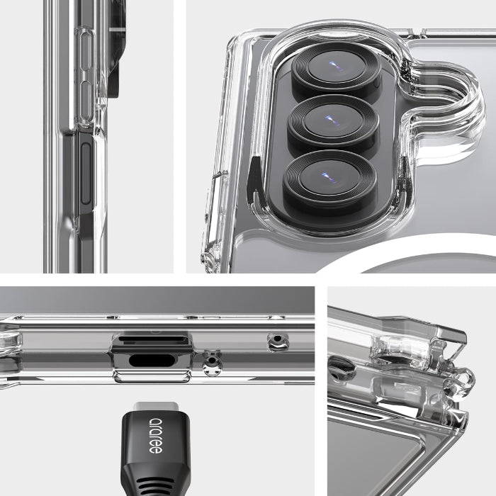 Collage of Clear Araree Duple M Magnetic Case for Samsung Galaxy Z Fold 7 (2025) with camera and charging port details