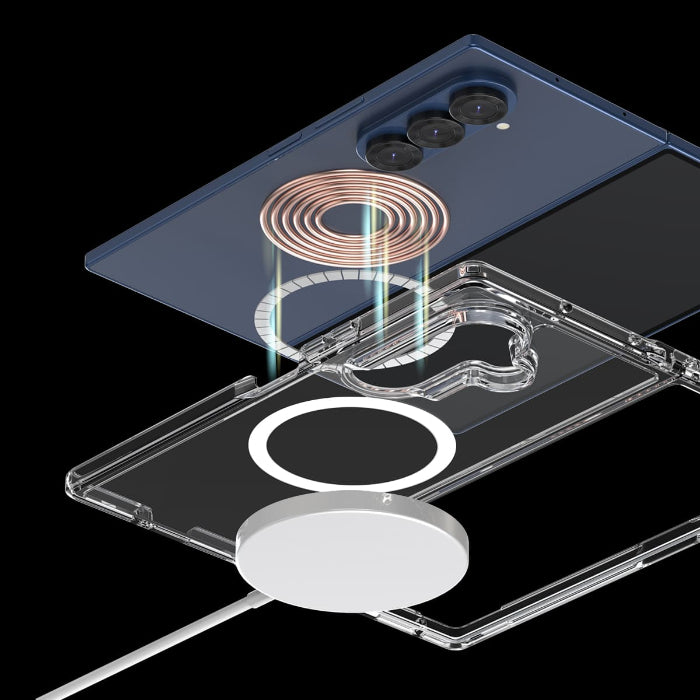Clear Araree Duple M Magnetic Case for Samsung Galaxy Z Fold 7 (2025) with wireless charging coil design on a black background