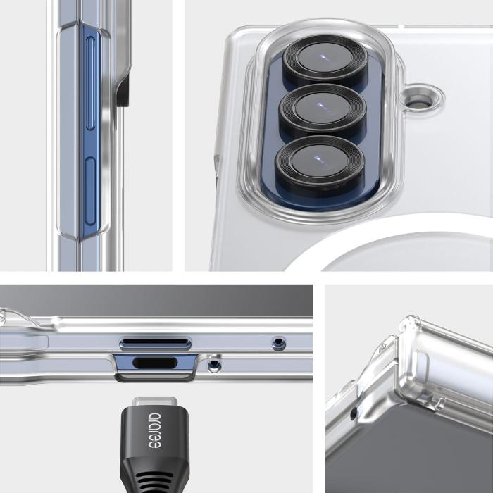 Collage of Clear Araree Nukin 360 Magnetic Case for Samsung Galaxy Z Fold 7 (2025) details including camera module and charging port.