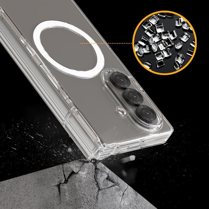 Clear Araree Nukin 360 Magnetic Case for Samsung Galaxy Z Fold 7 (2025) showing shockproof feature on a dark background