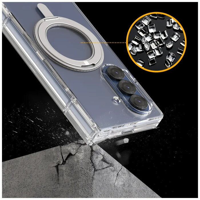 Clear Araree Nukin 360 S Case for Samsung Galaxy Z Fold 7 (2025) with ring holder and detailed view of metal components showing its shockproof feature on a black background