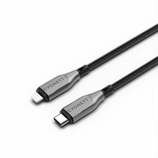 Black Cygnett Armoured Kevlar 30w Type C to Lightning Fast Charging Data Cable on a white background