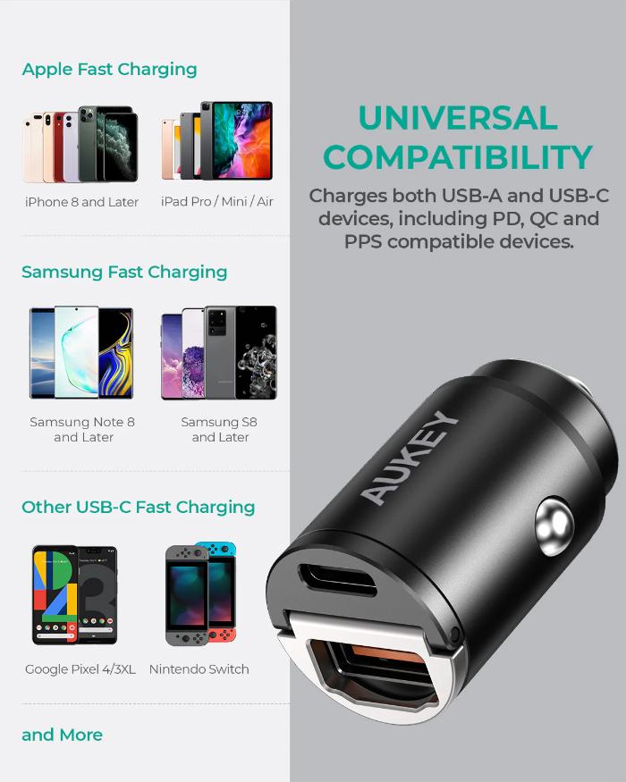 Aukey CC-A3 30W PD Metal Dual Port Fast Car Charger with PPS & QC 3.0