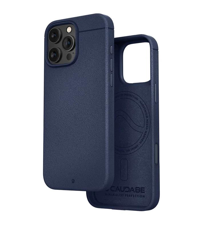 Navy blue Caudabe Sheath Case for iPhone 16 Pro Max 6.9" (2024) with Camera Control with 'CAUDABE' branding on a white background