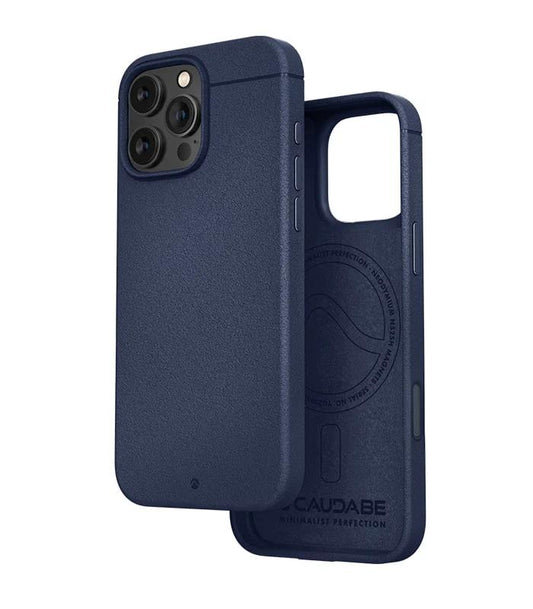 Navy blue Caudabe Sheath Case for iPhone 16 Pro Max 6.9" (2024) with Camera Control with 'CAUDABE' branding on a white background