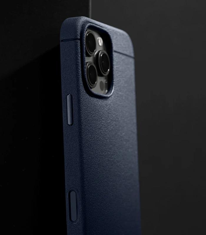 Navy blue Caudabe Sheath Case for iPhone 16 Pro Max 6.9" (2024) with Camera Control on a black background