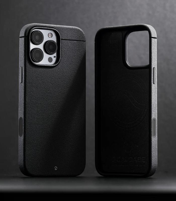 Black Caudabe Sheath Case for iPhone 16 Pro Max 6.9" (2024) with  with textured finish on a dark background