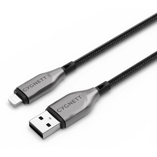 Black Cygnett Armoured Kevlar 12w USB-A to Lightning Fast Charging Data Cable with metallic connectors on a white background