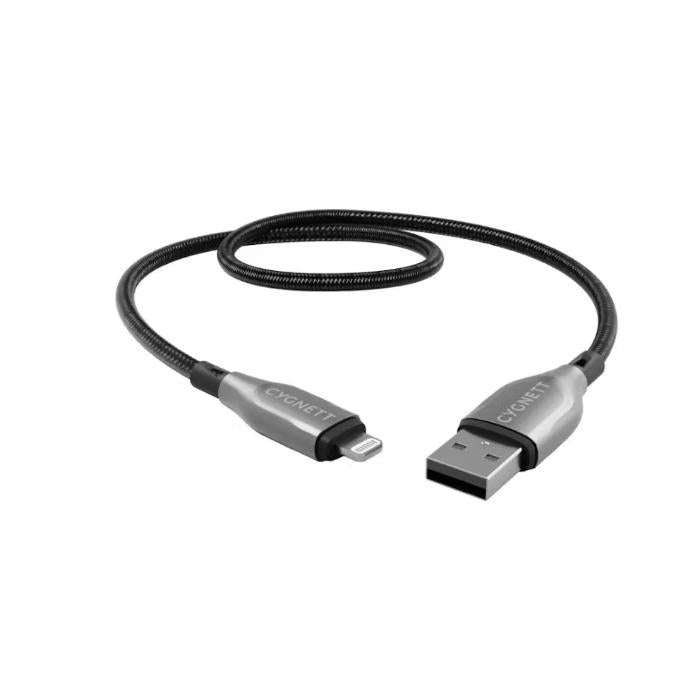 Black Cygnett Armoured Kevlar 12w USB-A to Lightning Fast Charging Data Cable on a white background