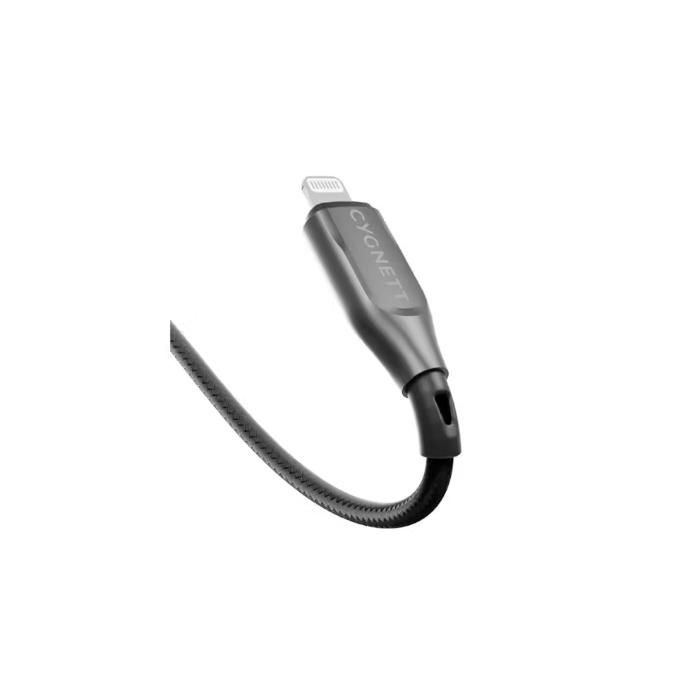 Black Cygnett Armoured Kevlar 12w USB-A to Lightning Fast Charging Data Cable on a white background