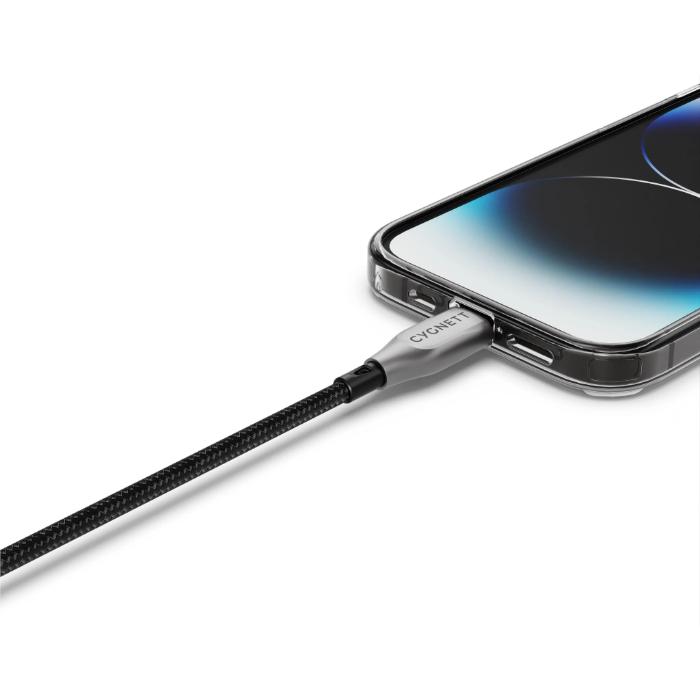 Black Cygnett Armoured Kevlar 12w USB-A to Lightning Fast Charging Data Cable on a white background