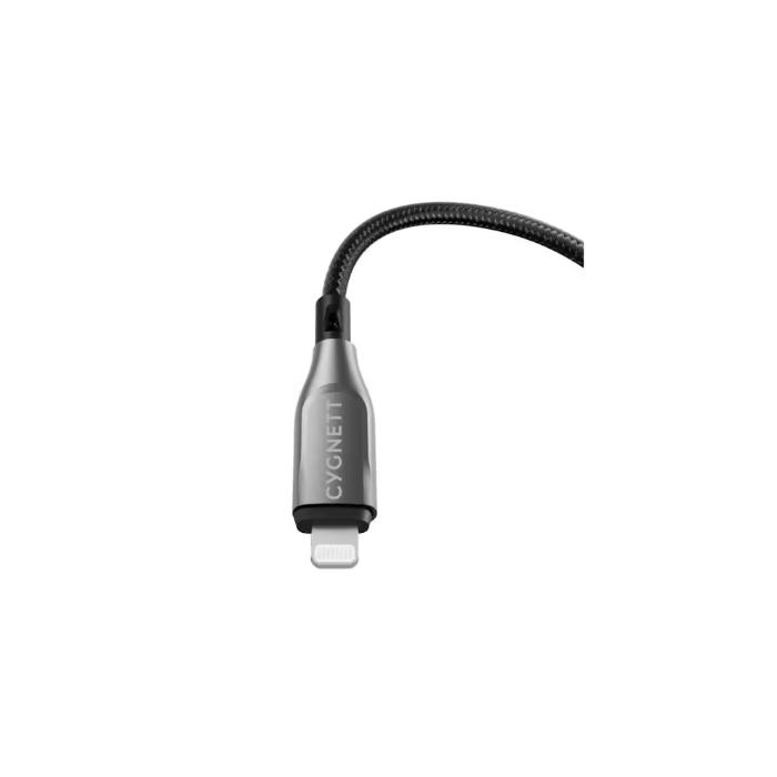 Black Cygnett Armoured Kevlar 12w USB-A to Lightning Fast Charging Data Cable on a white background