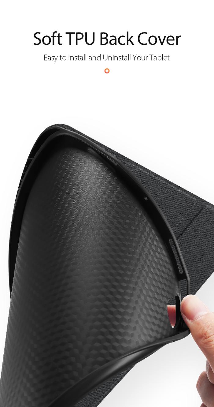 Black soft TPU back cover for DOMO Dux Ducis Folio Trifold protective case for iPad Air 6 11" (2024/2025) / Air 10.9" (2020/2022)  held by a hand with text on a white background.