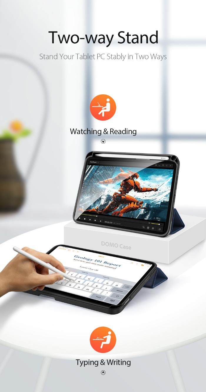 Black DOMO Dux Ducis Folio Case for iPad Mini 6/7 (2021/2024) with Two-way stand for tablet PC with a person using it for watching and reading, and typing.