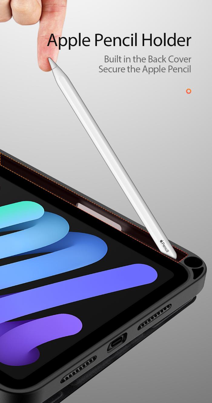 Black DOMO Dux Ducis Folio Case for iPad Mini 6/7 (2021/2024) with Apple Pencil holder and Apple Pencil being inserted