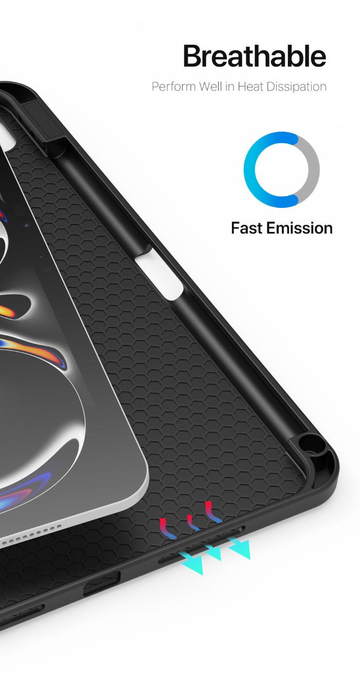 Black DOMO Dux Ducis Folio Case for iPad Pro 11" (2024/2025)  with text 'Breathable' and 'Fast Emission' on a white background