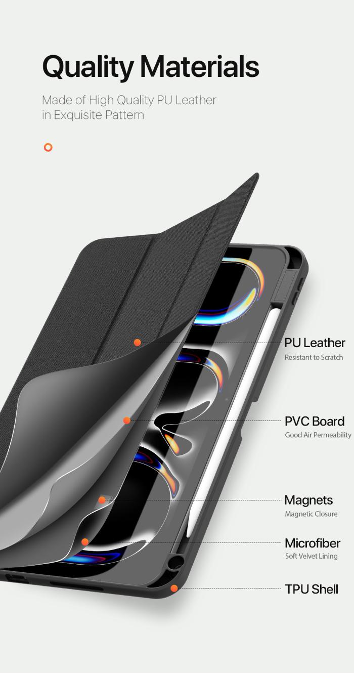 Black DOMO Dux Ducis Folio Case for iPad Pro 11" (2024/2025)  with material details on a white background
