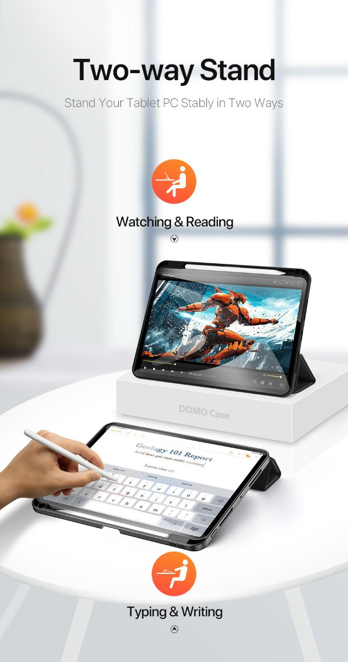 Black DOMO Dux Ducis Folio Case for iPad Pro 11" (2024/2025) showing Two-way stand for tablet PC with screen displaying action game and keyboard setup on a blurred background.