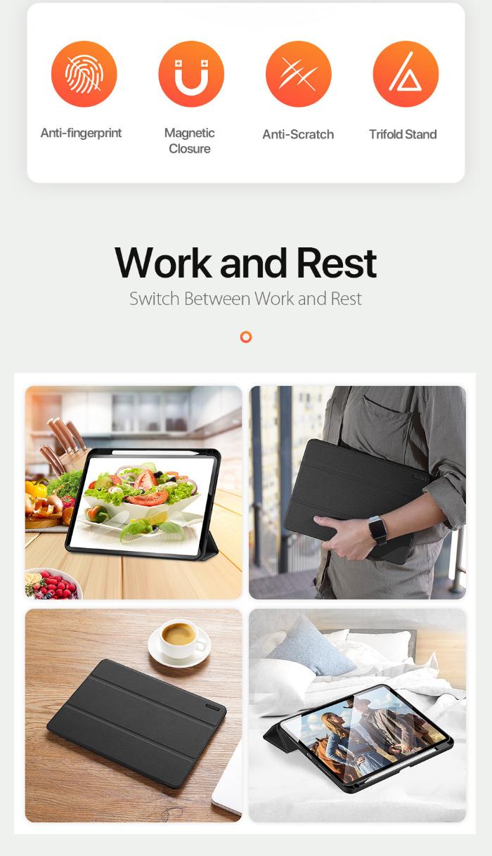 Product display for Black DOMO Dux Ducis Folio Case for iPad Pro 11" (2024/2025) with features and usage scenarios on a white background