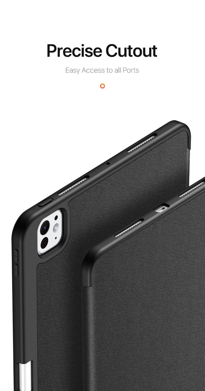 Black DOMO Dux Ducis Folio Case for iPad Pro 11" (2024/2025) with precise cutout for easy access to ports on a white background