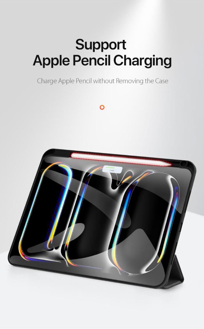 Black DOMO Dux Ducis Folio Case for iPad Pro 11" (2024/2025) showing its Apple Pencil charging feature on a white background