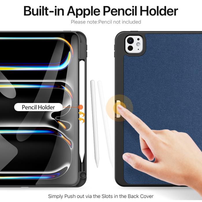 DOMO Dux Ducis Folio Case for iPad Pro 11" (2024/2025)  with built-in Apple Pencil holder and hand demonstrating usage.