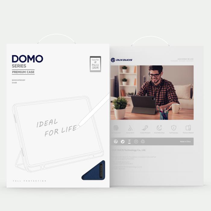 Product packaging for Duxducis Domo series premium case with a lifestyle image of a man using a laptop.